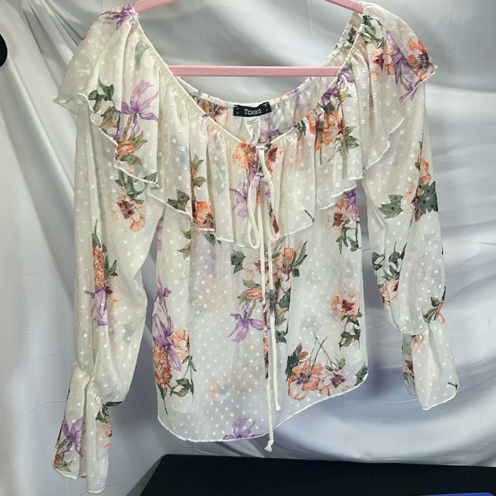 Toska Floral On/Off Shoulder Ruffle Slightly‎ Sheer Long Slv Festivals Boho S